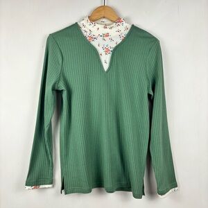 Vintage Green Floral Trim Ribbed Knit Turtleneck S Cottagecore Grandmacore